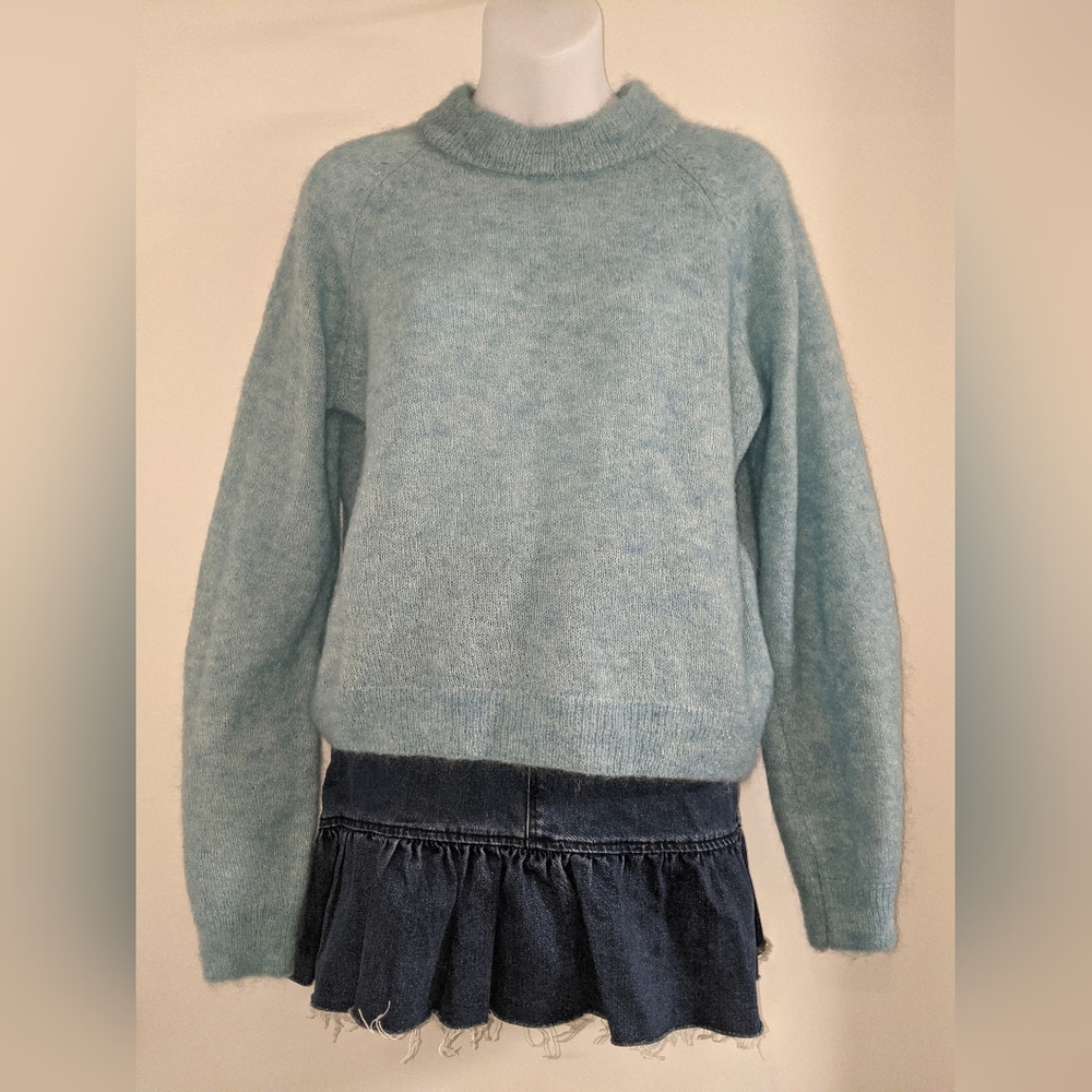 Mohair wool aqua pullover sweater pillowy sleeves mock neck